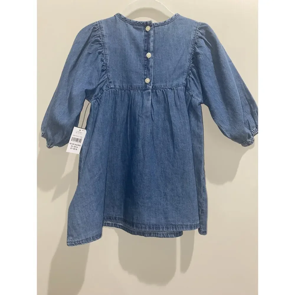 BABY GAP 18-24 Month NWT Denim Embroidered Flowers Long Sleeve Dress Fall Winter